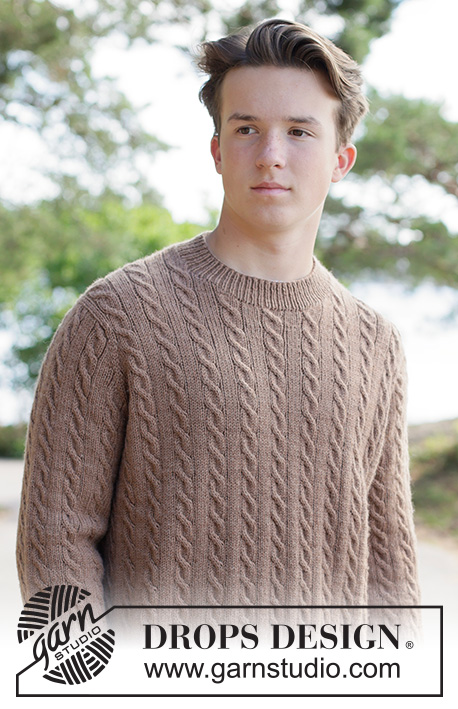 Walnut Dreams Sweater / DROPS 260-14 - Knitted sweater for men in DROPS Daisy or DROPS Karisma. Piece is knitted top down with European yoke and cables. Size: S - XXXL