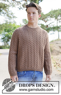 Walnut Dreams Sweater / DROPS 260-14 - Knitted sweater for men in DROPS Daisy or DROPS Karisma. Piece is knitted top down with European yoke and cables. Size: S - XXXL