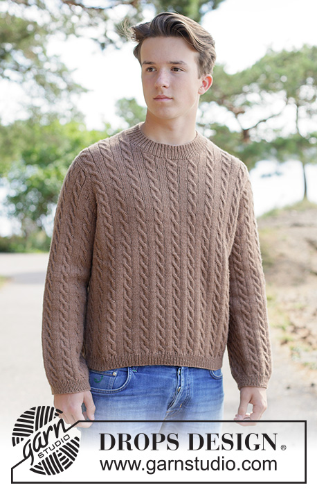 Walnut Dreams Sweater / DROPS 260-14 - Knitted sweater for men in DROPS Daisy or DROPS Karisma. Piece is knitted top down with European yoke and cables. Size: S - XXXL
