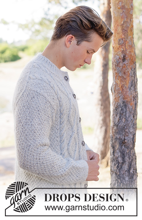 Stone Veil Cardigan / DROPS 260-15 - Gilet tricoté de haut en bas, pour homme, en DROPS Soft Tweed et en DROPS Kid-Silk. Se tricote avec épaules biaisées / épaules européennes, point de blé et I-cord. Du S au XXXL