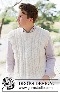 Vanilla Meringue Vest / DROPS 260-19 - Stickad väst till herr i DROPS Nepal eller DROPS Alaska. Arbetet stickas nerifrån och upp med flätor, relieffmönster och kanter i resår. Storlek XS - XXXL.