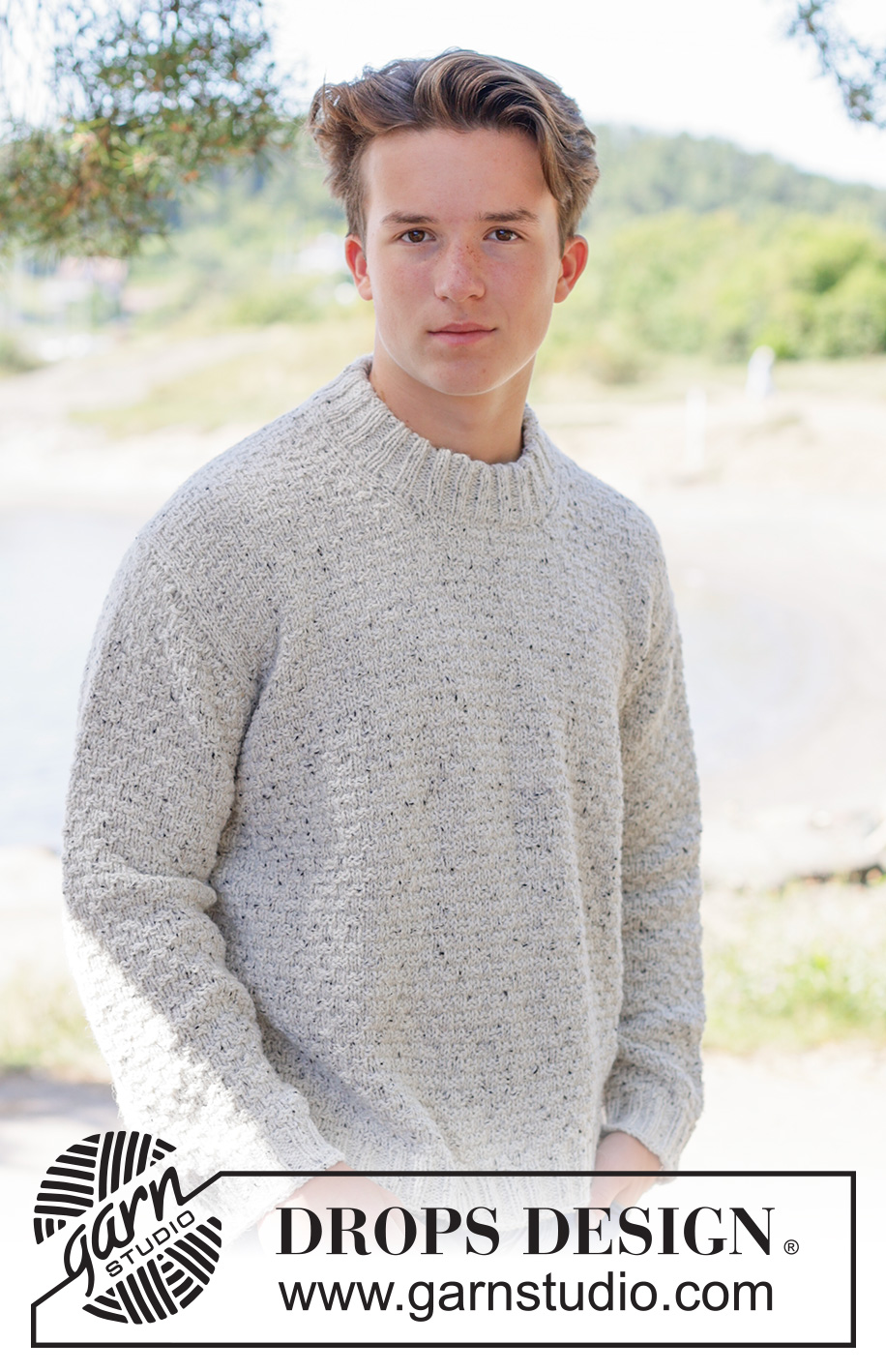 Grey Thistle Sweater / DROPS 260-2 - Knitted sweater for men in DROPS Soft Tweed. Piece is knitted top down with diagonal shoulders / European shoulders, relief pattern and double neck edge. Size: S - XXXL