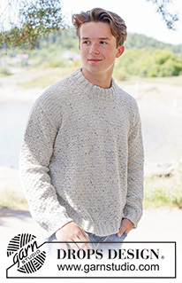 Grey Thistle Sweater / DROPS 260-2 - Knitted sweater for men in DROPS Soft Tweed. Piece is knitted top down with diagonal shoulders / European shoulders, relief pattern and double neck edge. Size: S - XXXL