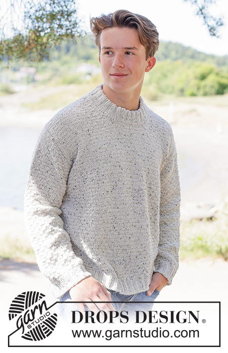 Grey Thistle Sweater / DROPS 260-2 - Knitted sweater for men in DROPS Soft Tweed. Piece is knitted top down with diagonal shoulders / European shoulders, relief pattern and double neck edge. Size: S - XXXL