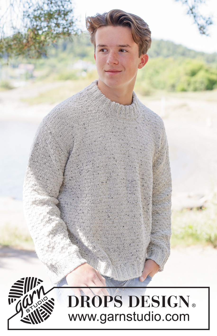 Grey Thistle Sweater / DROPS 260-2 - Knitted sweater for men in DROPS Soft Tweed. Piece is knitted top down with diagonal shoulders / European shoulders, relief pattern and double neck edge. Size: S - XXXL