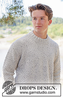 Grey Thistle Sweater / DROPS 260-2 - Knitted sweater for men in DROPS Soft Tweed. Piece is knitted top down with diagonal shoulders / European shoulders, relief pattern and double neck edge. Size: S - XXXL