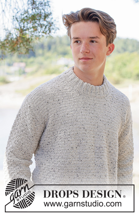 Grey Thistle Sweater / DROPS 260-2 - Knitted sweater for men in DROPS Soft Tweed. Piece is knitted top down with diagonal shoulders / European shoulders, relief pattern and double neck edge. Size: S - XXXL