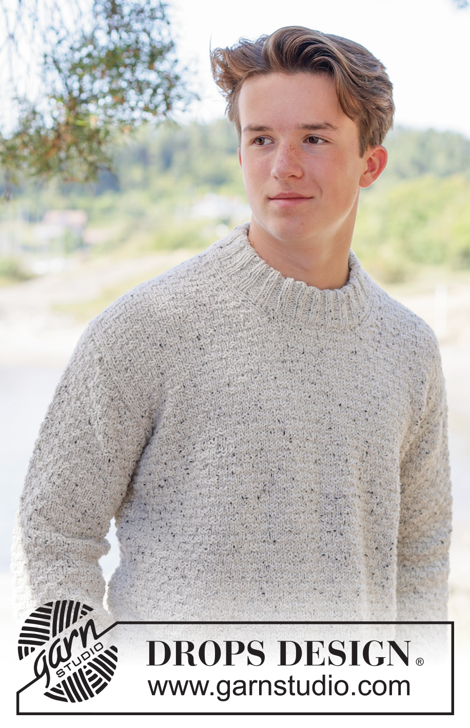 Grey Thistle Sweater / DROPS 260-2 - Knitted sweater for men in DROPS Soft Tweed. Piece is knitted top down with diagonal shoulders / European shoulders, relief pattern and double neck edge. Size: S - XXXL