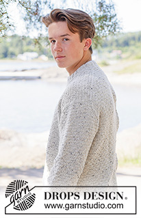 Grey Thistle Sweater / DROPS 260-2 - Knitted sweater for men in DROPS Soft Tweed. Piece is knitted top down with diagonal shoulders / European shoulders, relief pattern and double neck edge. Size: S - XXXL