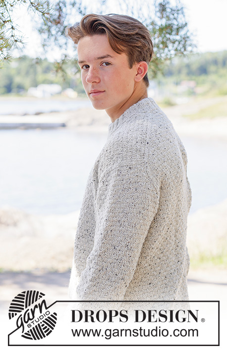 Grey Thistle Sweater / DROPS 260-2 - Knitted sweater for men in DROPS Soft Tweed. Piece is knitted top down with diagonal shoulders / European shoulders, relief pattern and double neck edge. Size: S - XXXL