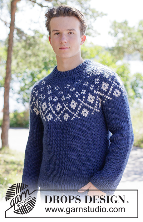 Midnight Flowers Sweater / DROPS 260-20 - Knitted sweater for men in DROPS Snow. Piece is knitted top down with round yoke and multi-colored pattern. Size XS – XXXL.