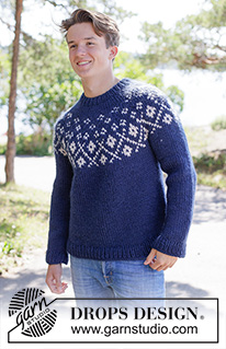 Midnight Flowers Sweater / DROPS 260-20 - Knitted sweater for men in DROPS Snow. Piece is knitted top down with round yoke and multi-colored pattern. Size XS – XXXL.