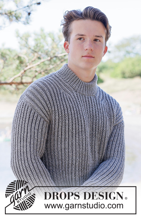Rock Ridges / DROPS 260-21 - Knitted sweater for men in DROPS Big Merino. Piece is knitted top down with European shoulders / diagonal shoulders, English rib and double neck edge. Size XS – XXL.