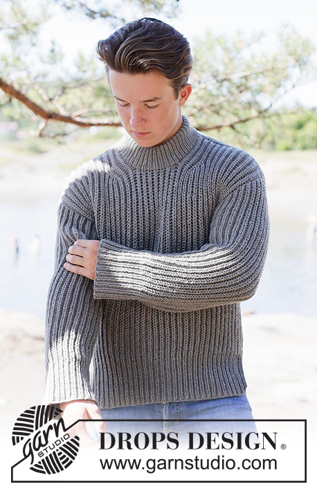 Rock Ridges / DROPS 260-21 - Knitted sweater for men in DROPS Big Merino. Piece is knitted top down with European shoulders / diagonal shoulders, English rib and double neck edge. Size XS – XXL.
