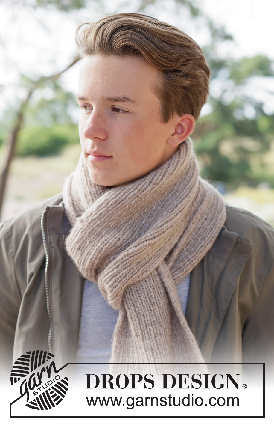 Almond Whisper Scarf / DROPS 260-28 - Knitted scarf for men in DROPS Air. Piece is knitted in rib.
