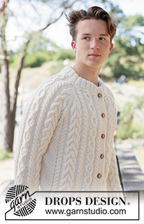 Ireland Magic Cardigan / DROPS 260-3 - Gilet tricoté de haut en bas pour homme, en DROPS Alaska ou DROPS Nepal. Se tricote avec emmanchures raglan, torsades, point fantaisie relief et col doublé. Du XS au XXXL.