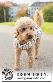Puppy Patch Dog Sweater / DROPS 260-43 - Gehaakte hondendeken/ trui voor hond in DROPS Merino Extra Fine. Het werk wordt gehaakt in oma-vierkanten.