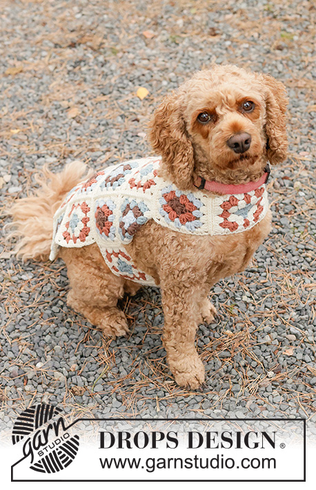Puppy Patch Dog Sweater / DROPS 260-43 - Gehaakte hondendeken/ trui voor hond in DROPS Merino Extra Fine. Het werk wordt gehaakt in oma-vierkanten.