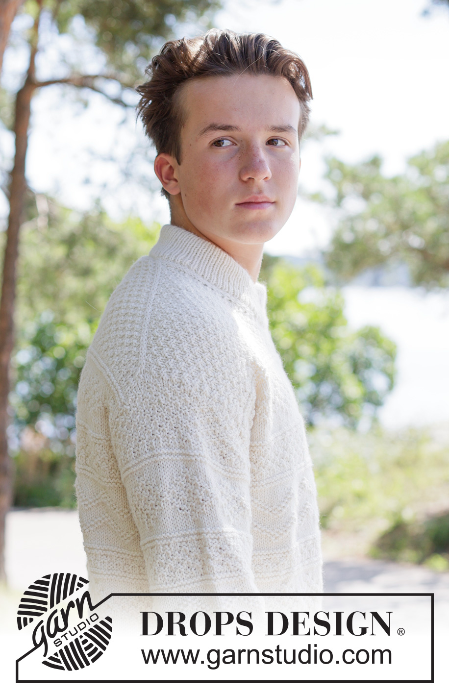 White Echo Sweater / DROPS 260-6 - Knitted sweater for men in DROPS Lima or DROPS Merino Extra Fine. Piece is knitted top down with European shoulders / diagonal shoulders, relief pattern and double neck edge. Size: S - XXXL