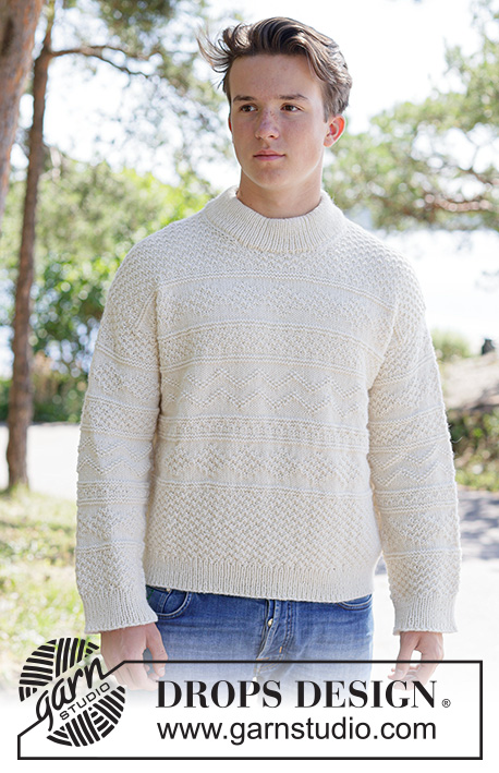 White Echo Sweater / DROPS 260-6 - Knitted sweater for men in DROPS Lima or DROPS Merino Extra Fine. Piece is knitted top down with European shoulders / diagonal shoulders, relief pattern and double neck edge. Size: S - XXXL