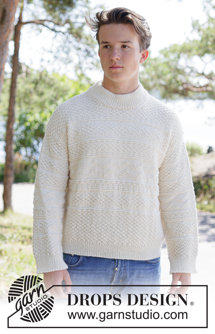 White Echo Sweater / DROPS 260-6 - Knitted sweater for men in DROPS Lima or DROPS Merino Extra Fine. Piece is knitted top down with European shoulders / diagonal shoulders, relief pattern and double neck edge. Size: S - XXXL
