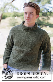 Midnight Moss Sweater / DROPS 260-7 - Strikket bluse til herre i DROPS Alpaca og DROPS Brushed Alpaca Silk. Arbejdet strikkes oppefra og ned i glatstrik med europæisk skulder / skrå skulder og høj hals. Størrelse XS - XXXL.