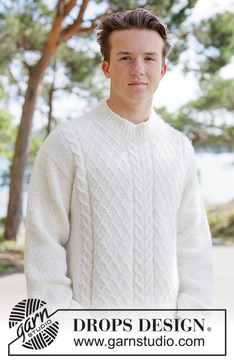 Ivory Whisper Sweater / DROPS 260-9 - Strikket genser til herre i DROPS Air. Arbeidet strikkes ovenfra og ned med europeisk skulder / skrå skulder og fletter. Størrelse XS - XXXL.