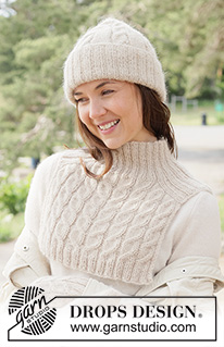 Frosted Braid Set / DROPS 261-16 - Gestrickter Kragenschal und Mütze in DROPS Puna und DROPS Kid-Silk oder DROPS Merino Extra Fine und DROPS Kid-Silk. Die Arbeit wird mit Rippenmuster und Zopfmuster gestrickt.