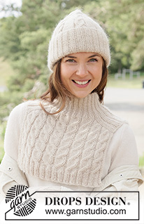 Frosted Braid Set / DROPS 261-16 - Gestrickter Kragenschal und Mütze in DROPS Puna und DROPS Kid-Silk oder DROPS Merino Extra Fine und DROPS Kid-Silk. Die Arbeit wird mit Rippenmuster und Zopfmuster gestrickt.