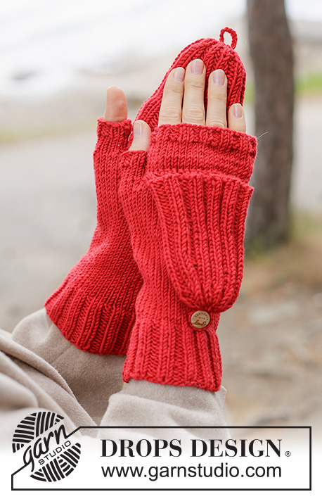 Swipe Away Mittens / DROPS 261-28 - Mitenki na drutach, z klapką na palce, z włóczki DROPS Merino Extra Fine. Przerabiane ściągaczem i dżersejem.