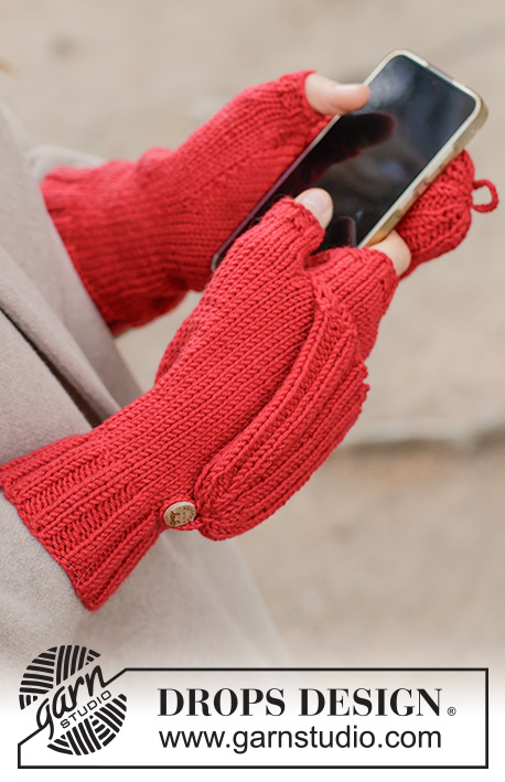 Swipe Away Mittens / DROPS 261-28 - Mitenki na drutach, z klapką na palce, z włóczki DROPS Merino Extra Fine. Przerabiane ściągaczem i dżersejem.