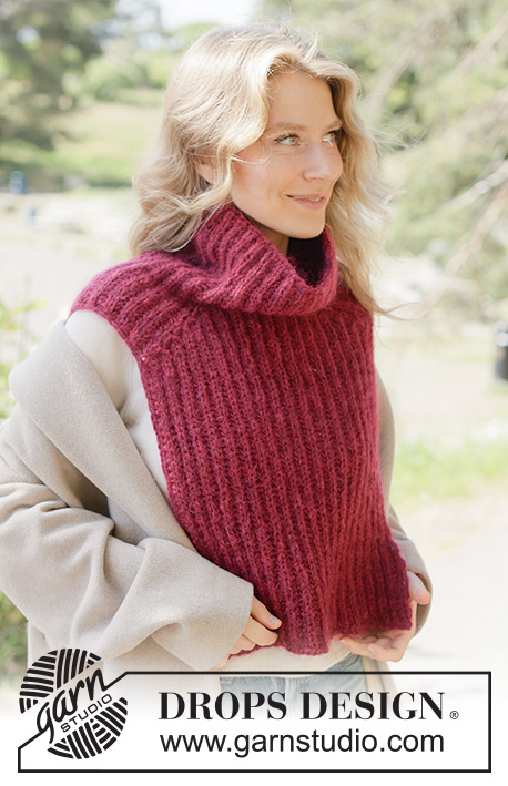 Mulberry Muse Neck Warmer / DROPS 261-30 - Knitted neck-warmer in DROPS Air and DROPS Kid-Silk. The piece is worked top down in English rib with saddle-shoulders.