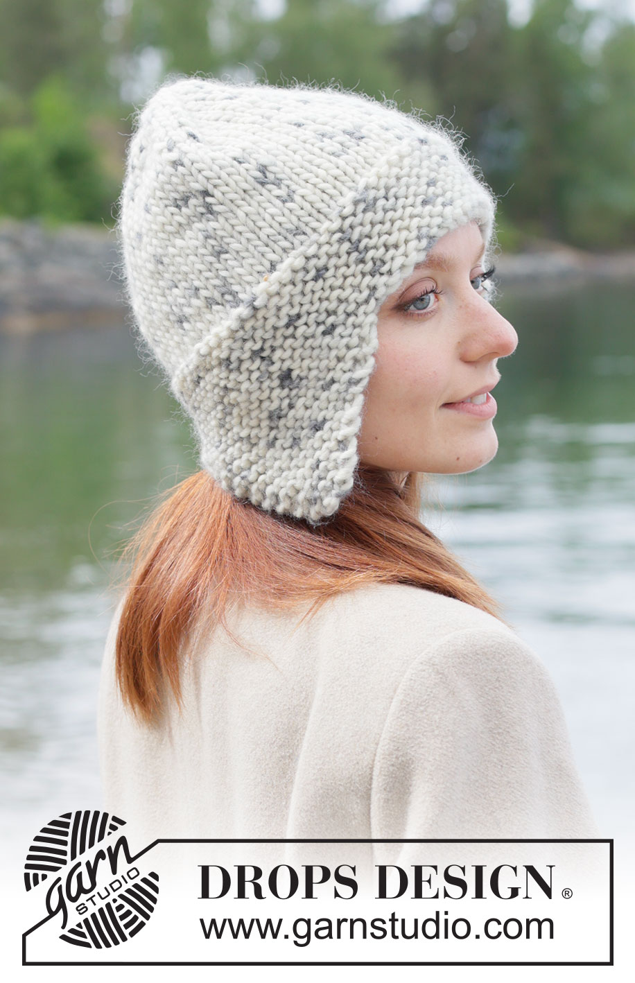 Granite Glen Hat / DROPS 261-31 - DROPS Snow lõngast alt üles parempidises koes ja ripskoes kootud kõrvaklappidega müts