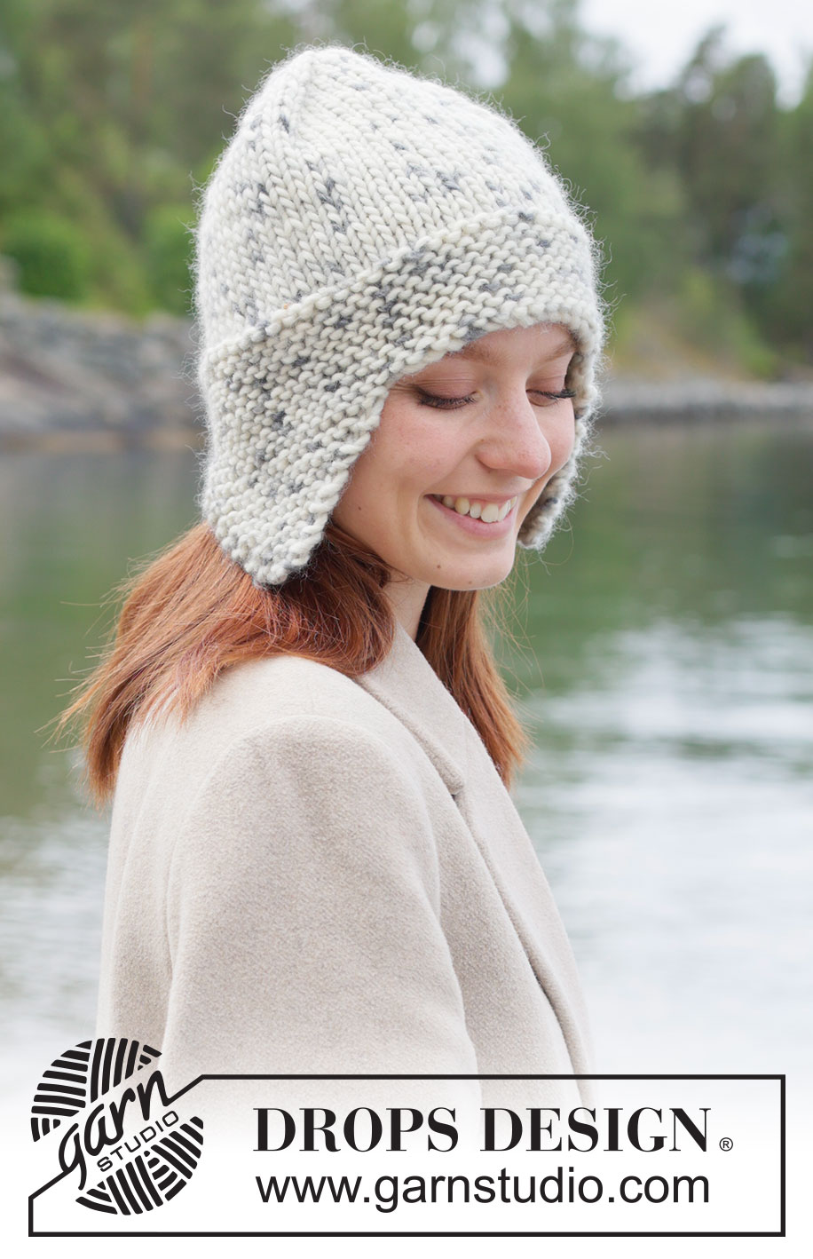 Granite Glen Hat / DROPS 261-31 - DROPS Snow lõngast alt üles parempidises koes ja ripskoes kootud kõrvaklappidega müts