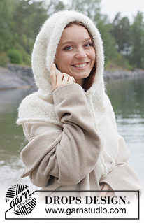 Snow White Hood / DROPS 261-5 - Kötött sísapka DROPS Alpaca Bouclé és DROPS Kid Silk fonalól. A darabot harisnyakötéssel kötjük, és zsinórkötéssel kötött szegéllyel. S -XL méretekben