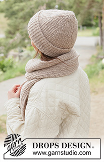 Almond Whisper Set / DROPS 261-58 - Gebreide muts en sjaal in DROPS Air. Het werk wordt gebreid in boordsteek.