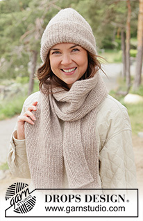 Almond Whisper Set / DROPS 261-58 - Gebreide muts en sjaal in DROPS Air. Het werk wordt gebreid in boordsteek.