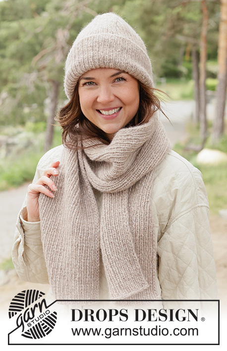 Almond Whisper Set / DROPS 261-58 - Gebreide muts en sjaal in DROPS Air. Het werk wordt gebreid in boordsteek.