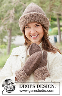 Cocoa Puff Mittens / DROPS 261-59 - Gestrickte Fäustlinge in 1 Faden DROPS Puna und 1 Faden DROPS Kid-Silk mit Manschette in 1 Faden DROPS Alpaca Bouclé und 1 Faden DROPS Kid-Silk. Die Arbeit wird von unten nach oben gestrickt.