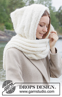 Robin's Bride Scarf / DROPS 261-6 - Kötött kapucnis sál DROPS Alpaca Bouclé és DROPS Kid Silk fonalból.
