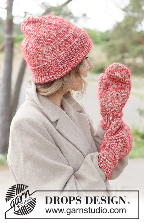 Confetti Crush Set / DROPS 261-62 - Czapka i rękawiczki na drutach, z włóczek DROPS Fiesta i DROPS Kid-Silk.