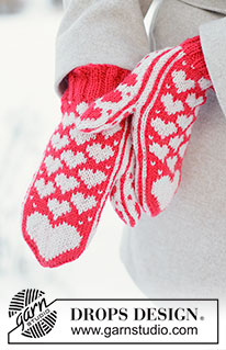 Heartwarming Mittens / DROPS 261-75 - Rękawiczki na drutach z włóczki DROPS Karisma. Przerabiane od czubka palców do mankietu, z żakardem norweskim w serca. Temat: Walentynki