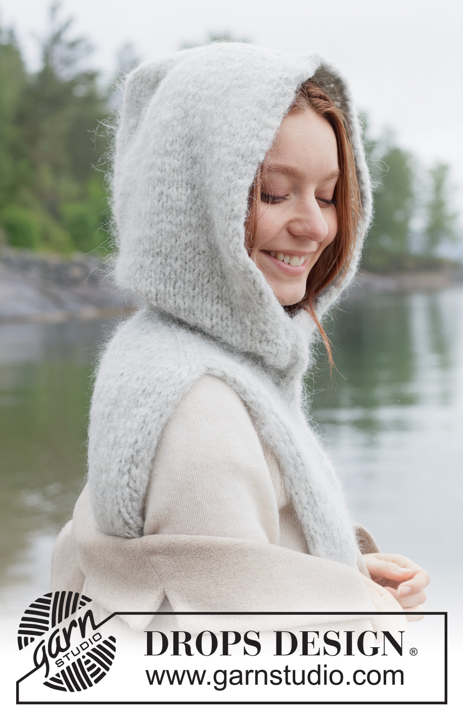 Quiet Storm Hood / DROPS 261-8 - Knitted balaclava/neck-warmer with hood, in 2 strands DROPS Melody. The piece is worked with European shoulders, stocking stitch and I-cord.