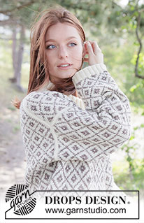 Diamond Love Sweater / DROPS 262-1 - Jersey de punto en DROPS Fiesta. La pieza está tejida de arriba hacia abajo con hombros europeos / hombros diagonales, patrón jacquard nórdico y cuello doble. Tallas S – XXXL.