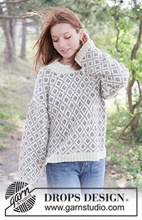 Diamond Love Sweater / DROPS 262-1 - Jersey de punto en DROPS Fiesta. La pieza está tejida de arriba hacia abajo con hombros europeos / hombros diagonales, patrón jacquard nórdico y cuello doble. Tallas S – XXXL.