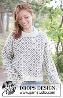 Diamond Love Sweater / DROPS 262-1 - Jersey de punto en DROPS Fiesta. La pieza está tejida de arriba hacia abajo con hombros europeos / hombros diagonales, patrón jacquard nórdico y cuello doble. Tallas S – XXXL.