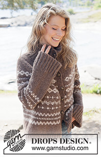 Afternoon Coffee Cardigan / DROPS 262-10 - Stickad oversize kofta i DROPS Air. Arbetet stickas uppifrån och ner med runt ok, nordiskt mönster, i-cord och hög hals. Storlek XS - XXXL.