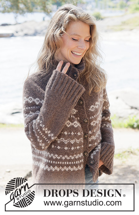 Afternoon Coffee Cardigan / DROPS 262-10 - Stickad oversize kofta i DROPS Air. Arbetet stickas uppifrån och ner med runt ok, nordiskt mönster, i-cord och hög hals. Storlek XS - XXXL.