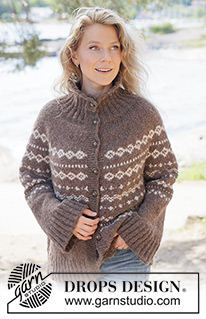 Afternoon Coffee Cardigan / DROPS 262-10 - Stickad oversize kofta i DROPS Air. Arbetet stickas uppifrån och ner med runt ok, nordiskt mönster, i-cord och hög hals. Storlek XS - XXXL.