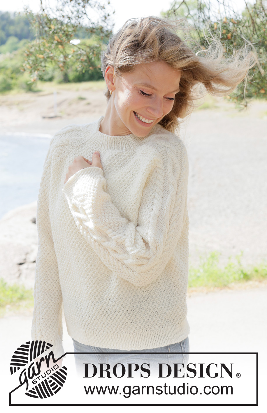 Moonshade Cable Sweater / DROPS 262-13 - Knitted jumper in DROPS Karisma or DROPS Lima. Piece is knitted top down with raglan, cables and double moss stitch. Size XS – XXXL.